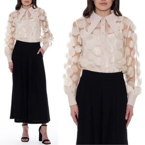 Gracia Statement Collar Puff Sleeve Blouse Top Sheer Mesh Organza Tulle NWT Art